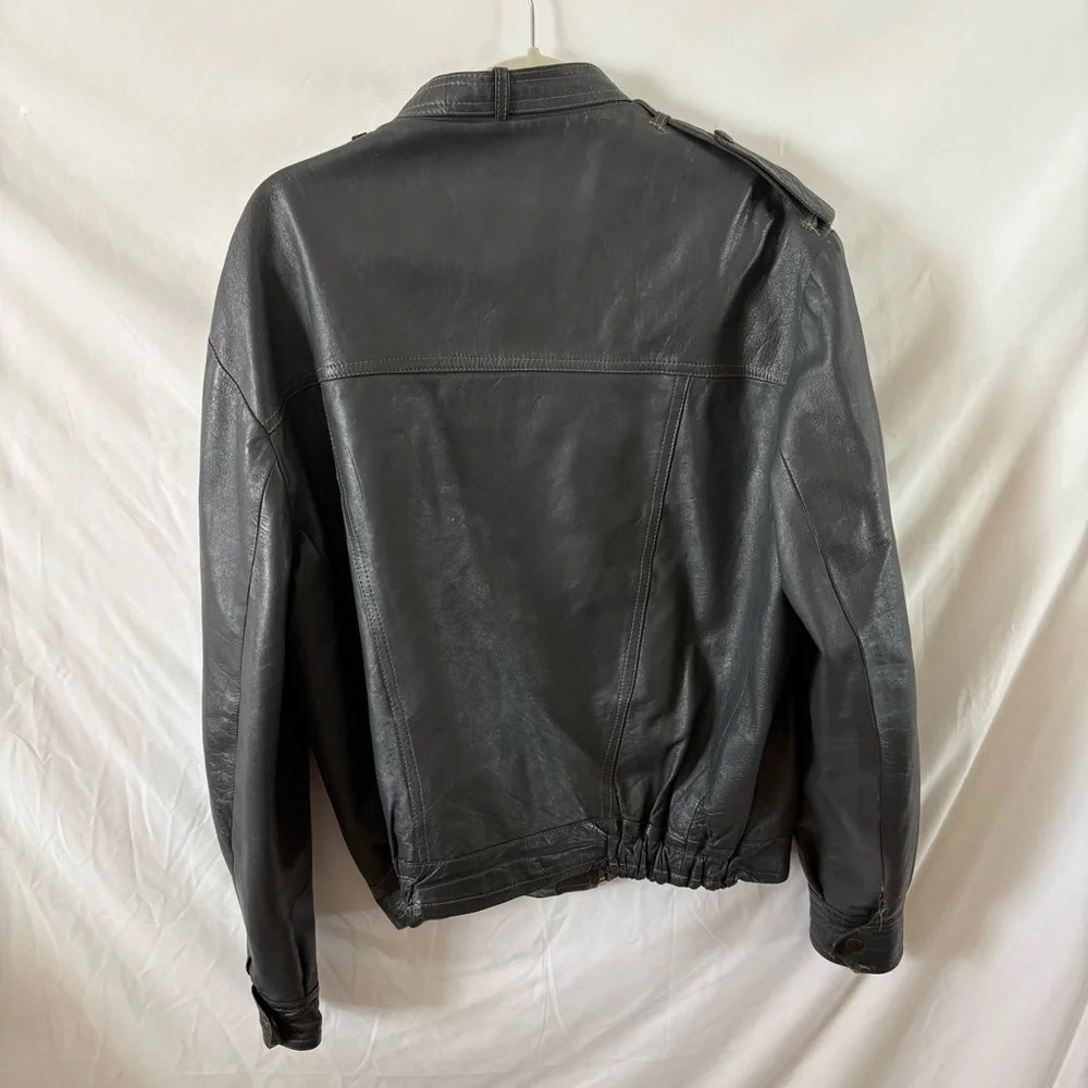Vintage slate gray bomber leather jacket zip up mens womens moto indie biker